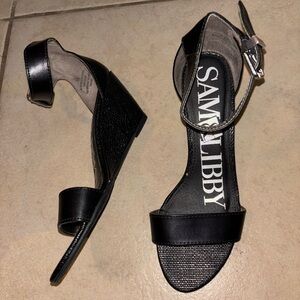 Sam & Libby Black Ankle Strap Kitten Wedge Sandals